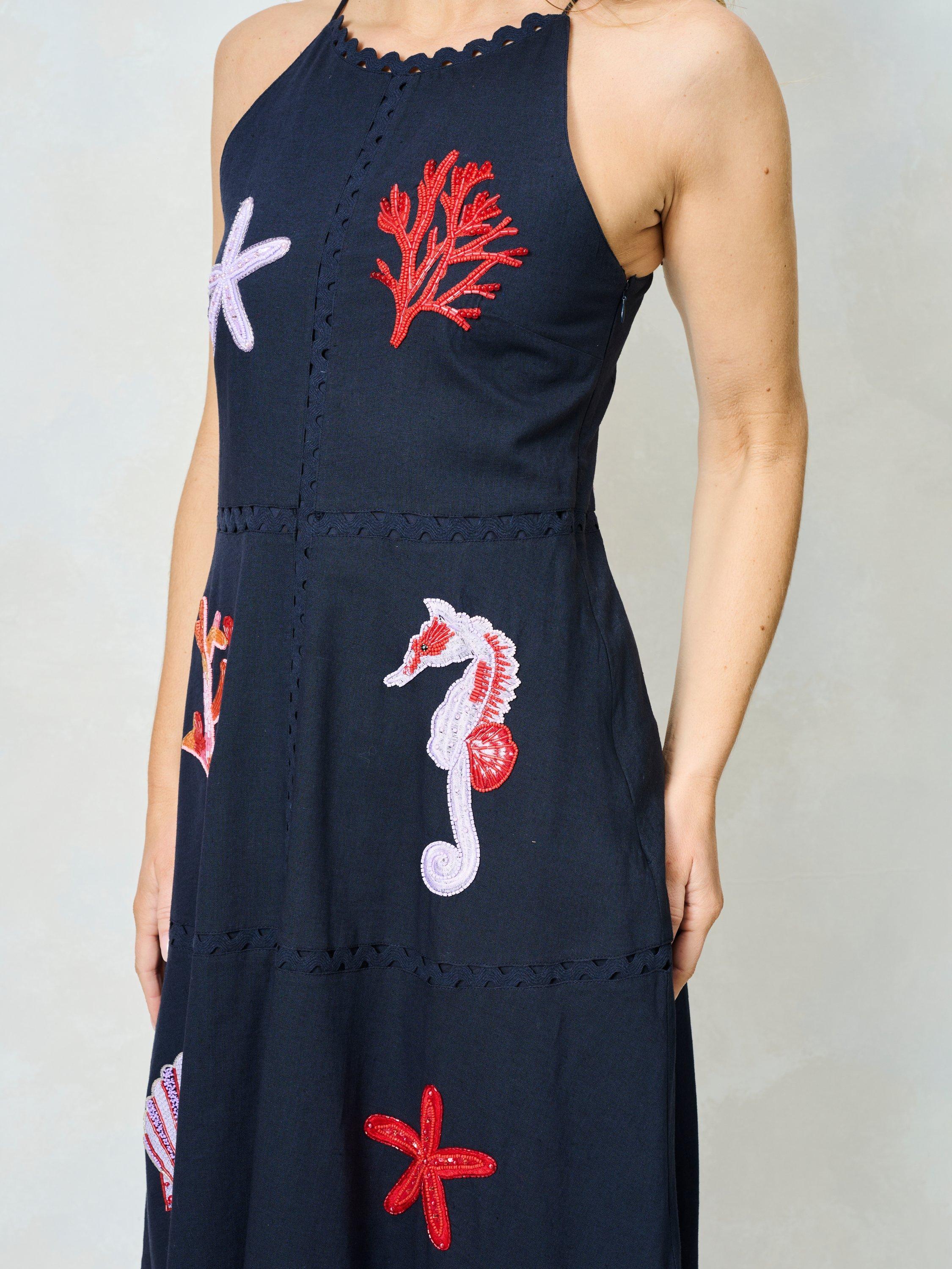 Product image 4 of 5, which shows Hope & Ivy The Rosalind Sealife Embellished Midi Dress, Navy, 6