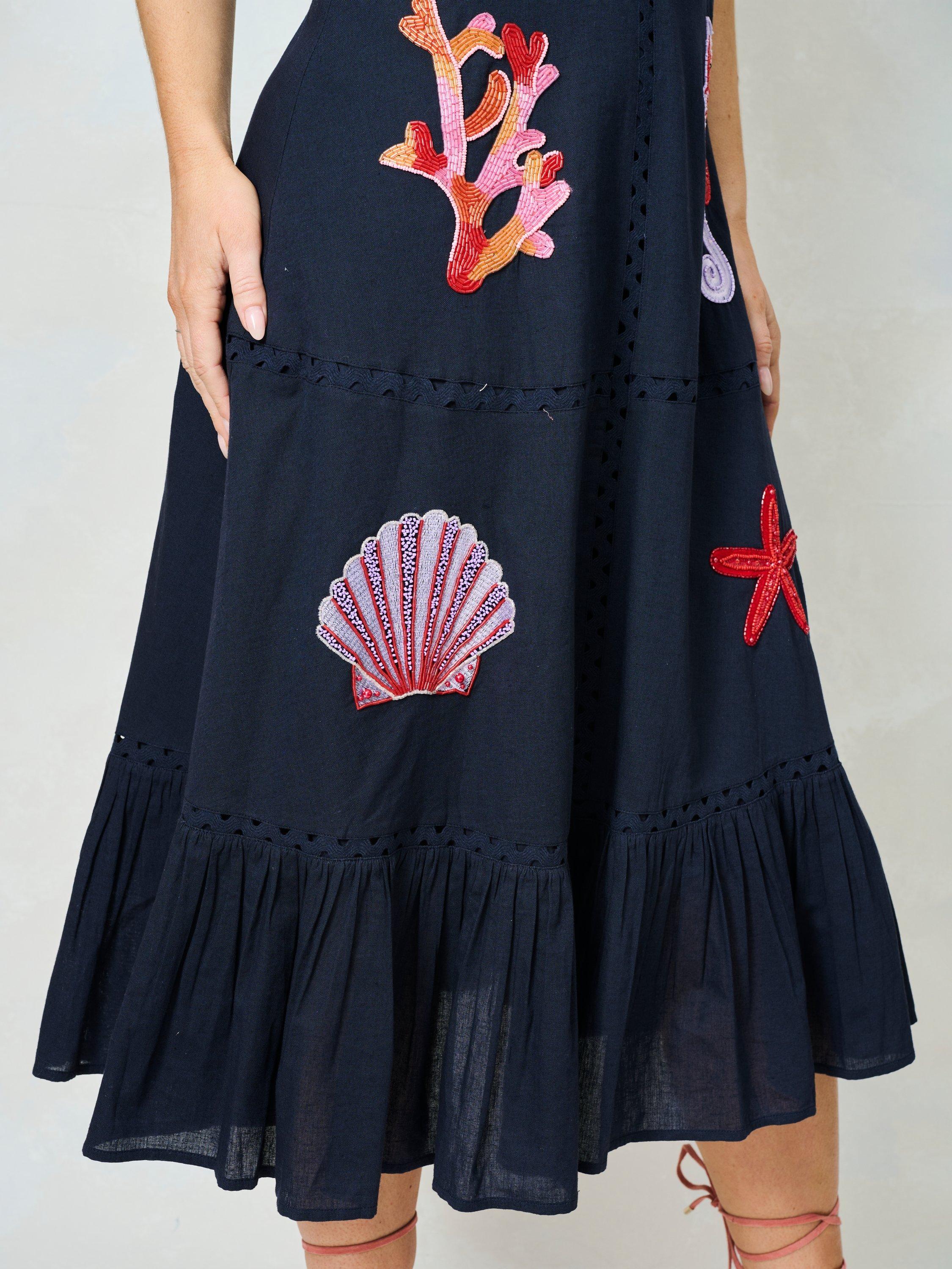 Product image 5 of 5, which shows Hope & Ivy The Rosalind Sealife Embellished Midi Dress, Navy, 6