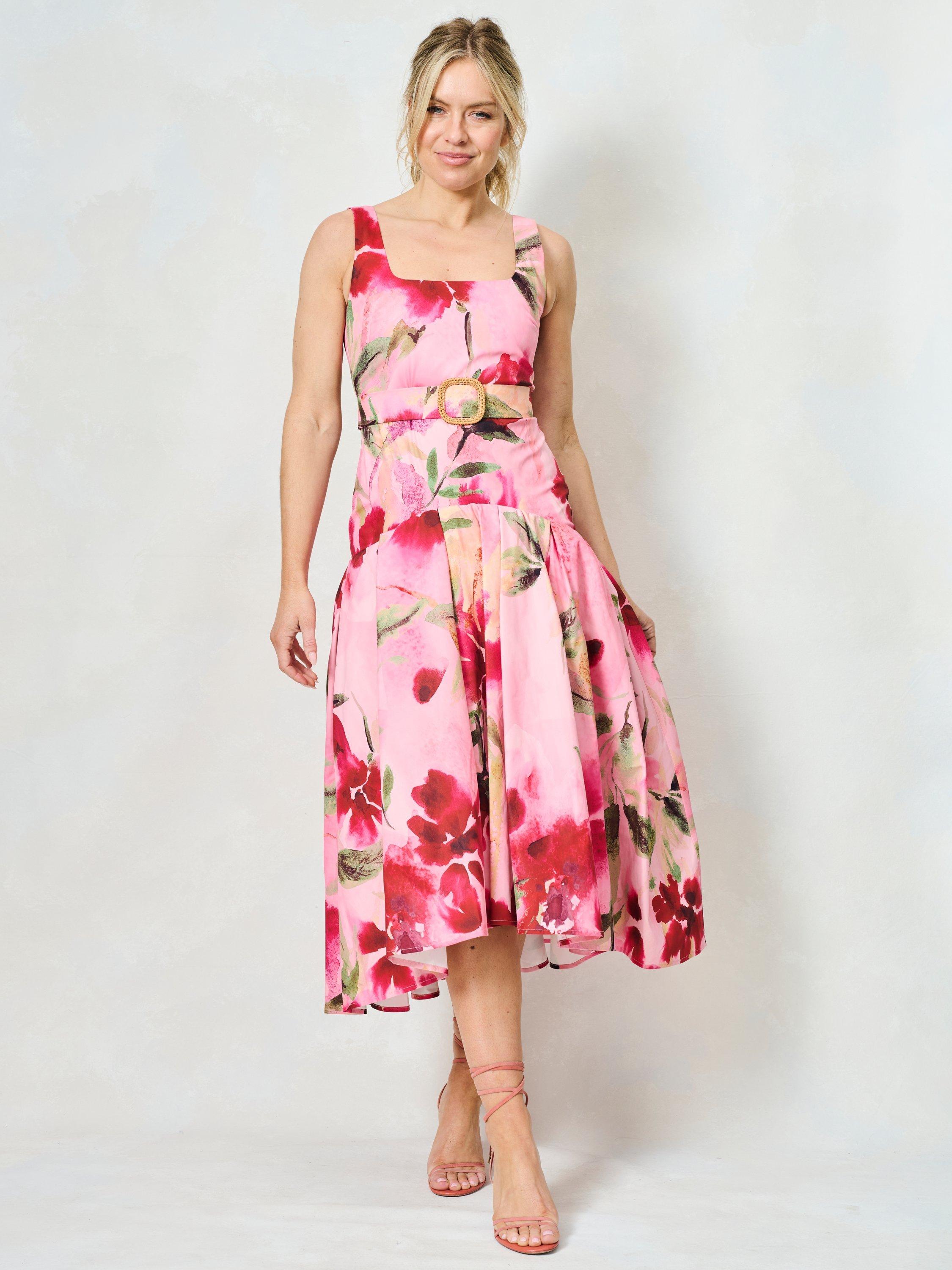 Product image 1 of 5, which shows Hope & Ivy The Sybil Floral Belted Midaxi Dress, Pink/Multi, 6