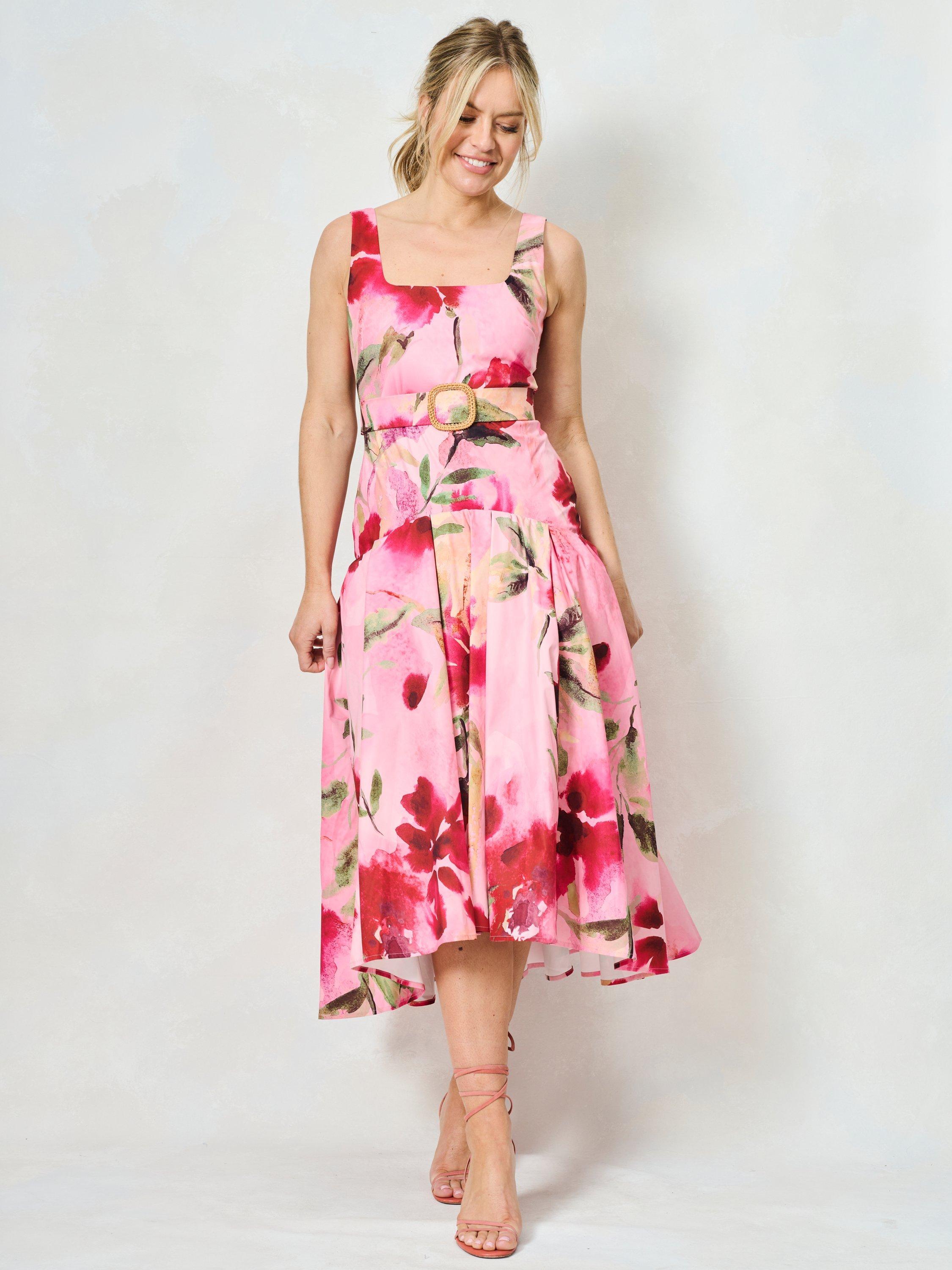 Product image 2 of 5, which shows Hope & Ivy The Sybil Floral Belted Midaxi Dress, Pink/Multi, 6