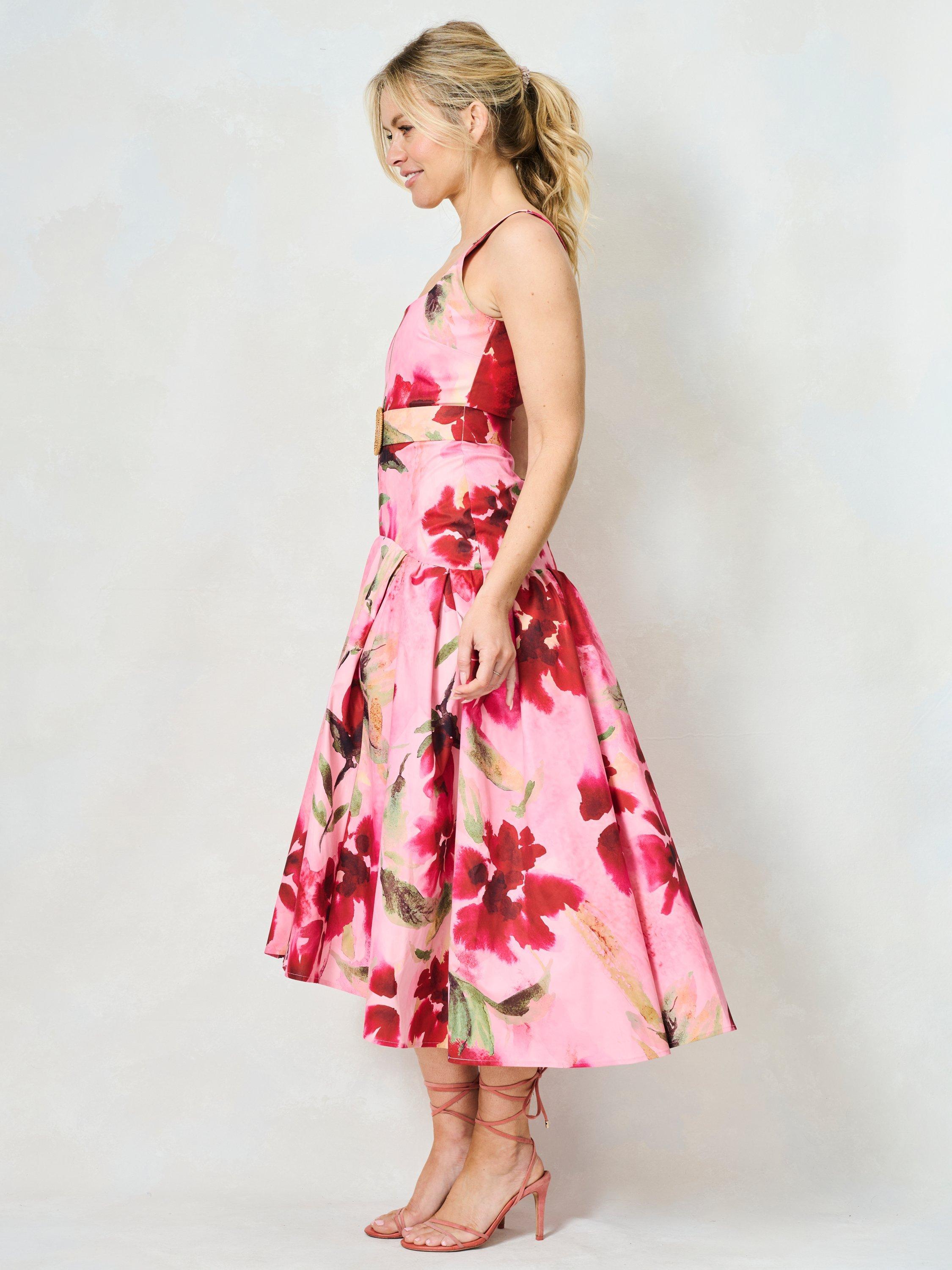 Product image 3 of 5, which shows Hope & Ivy The Sybil Floral Belted Midaxi Dress, Pink/Multi, 6