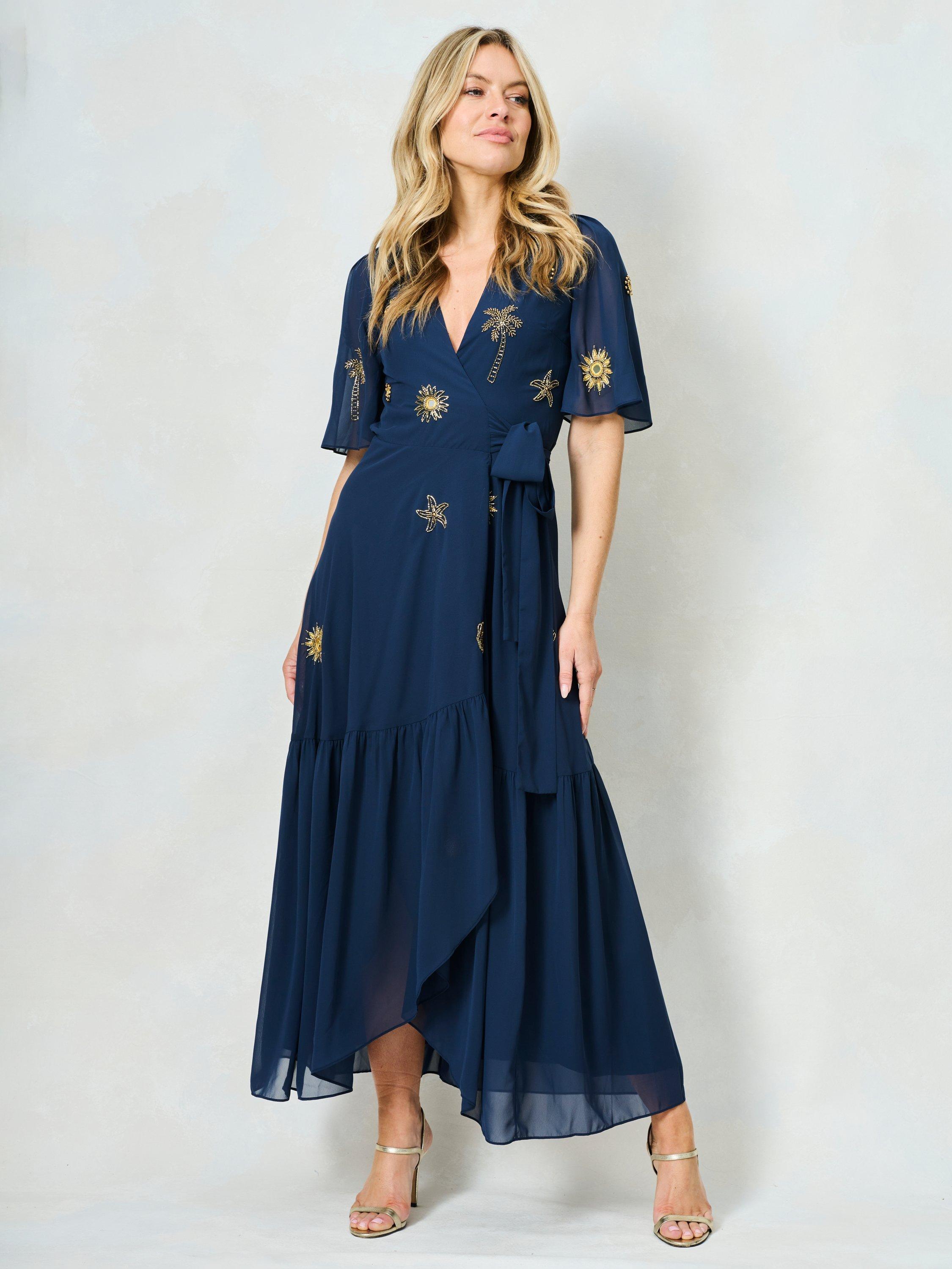 Product image 1 of 5, which shows Hope & Ivy The Venetia Flutter Sleeve Wrap Dress, Navy, 6