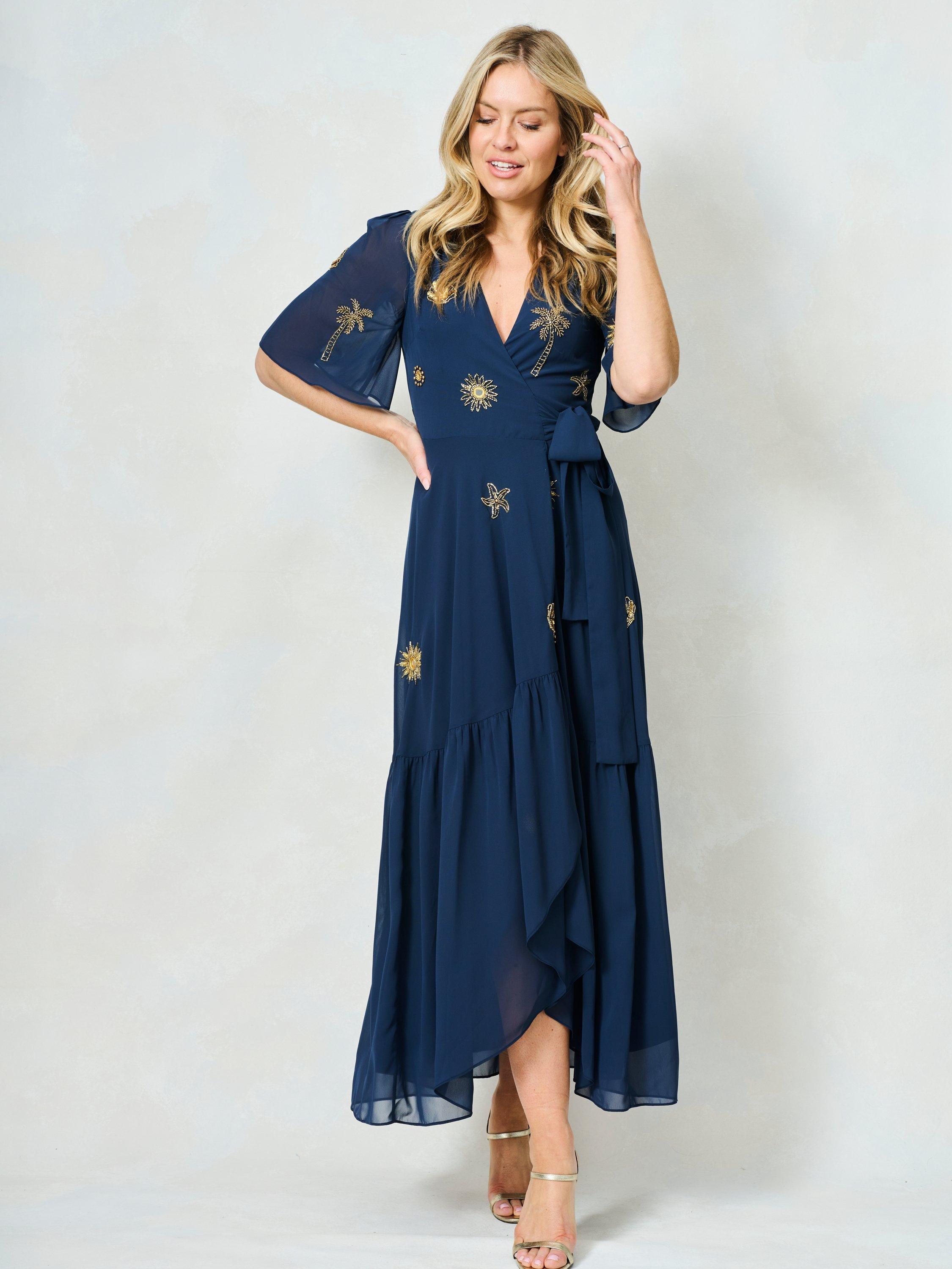 Product image 2 of 5, which shows Hope & Ivy The Venetia Flutter Sleeve Wrap Dress, Navy, 6