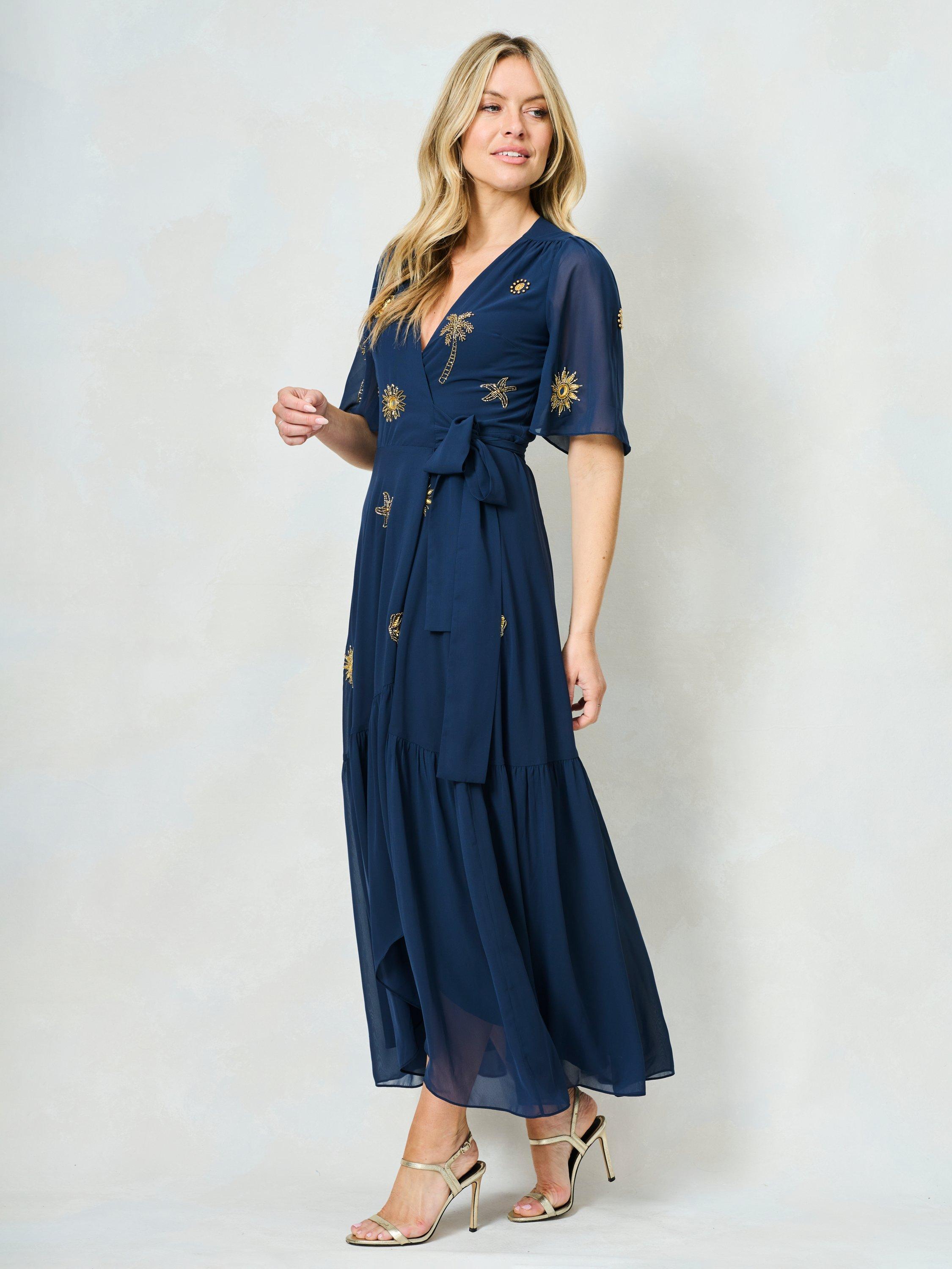 Product image 3 of 5, which shows Hope & Ivy The Venetia Flutter Sleeve Wrap Dress, Navy, 6