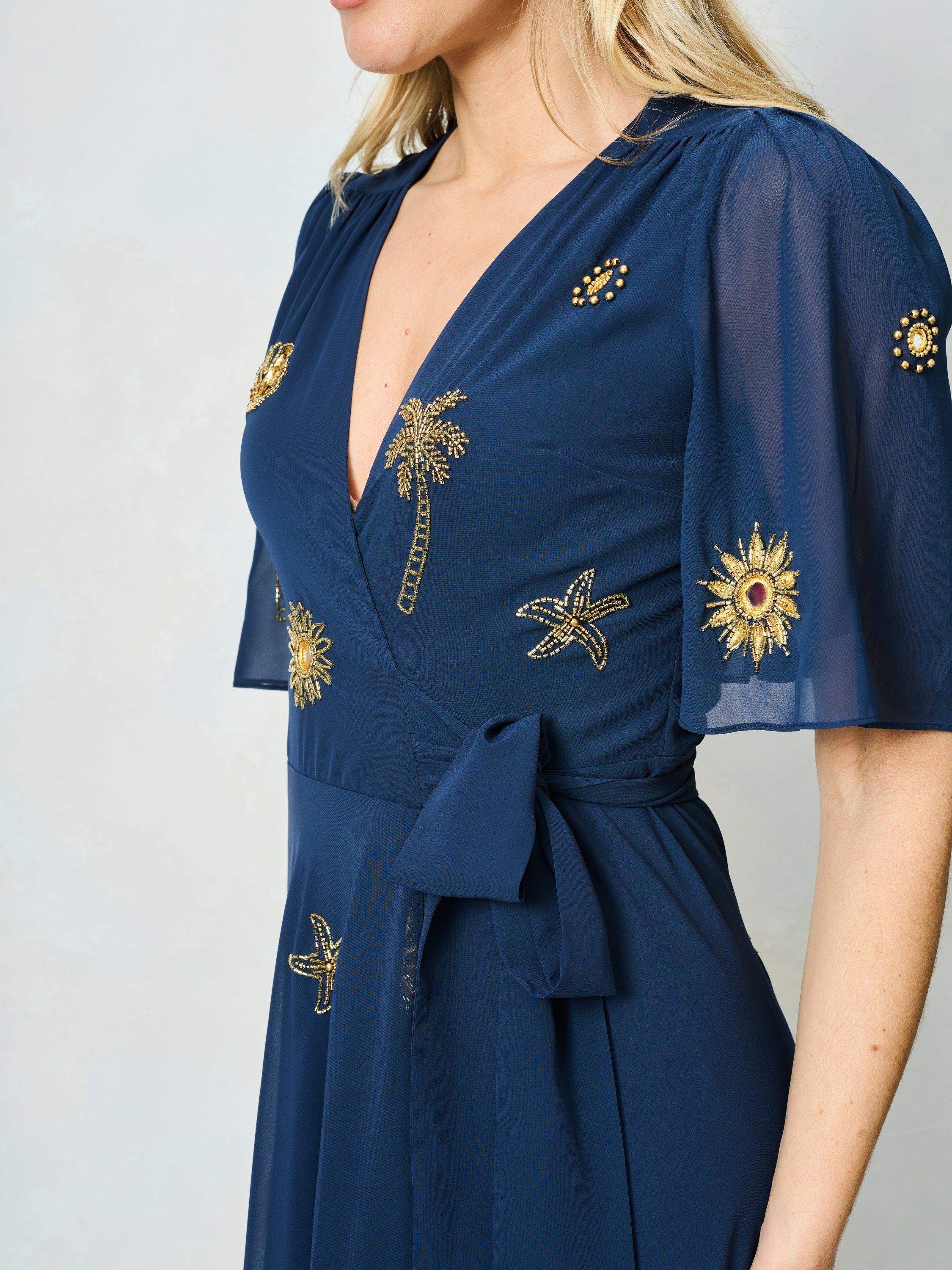 Product image 5 of 5, which shows Hope & Ivy The Venetia Flutter Sleeve Wrap Dress, Navy, 6