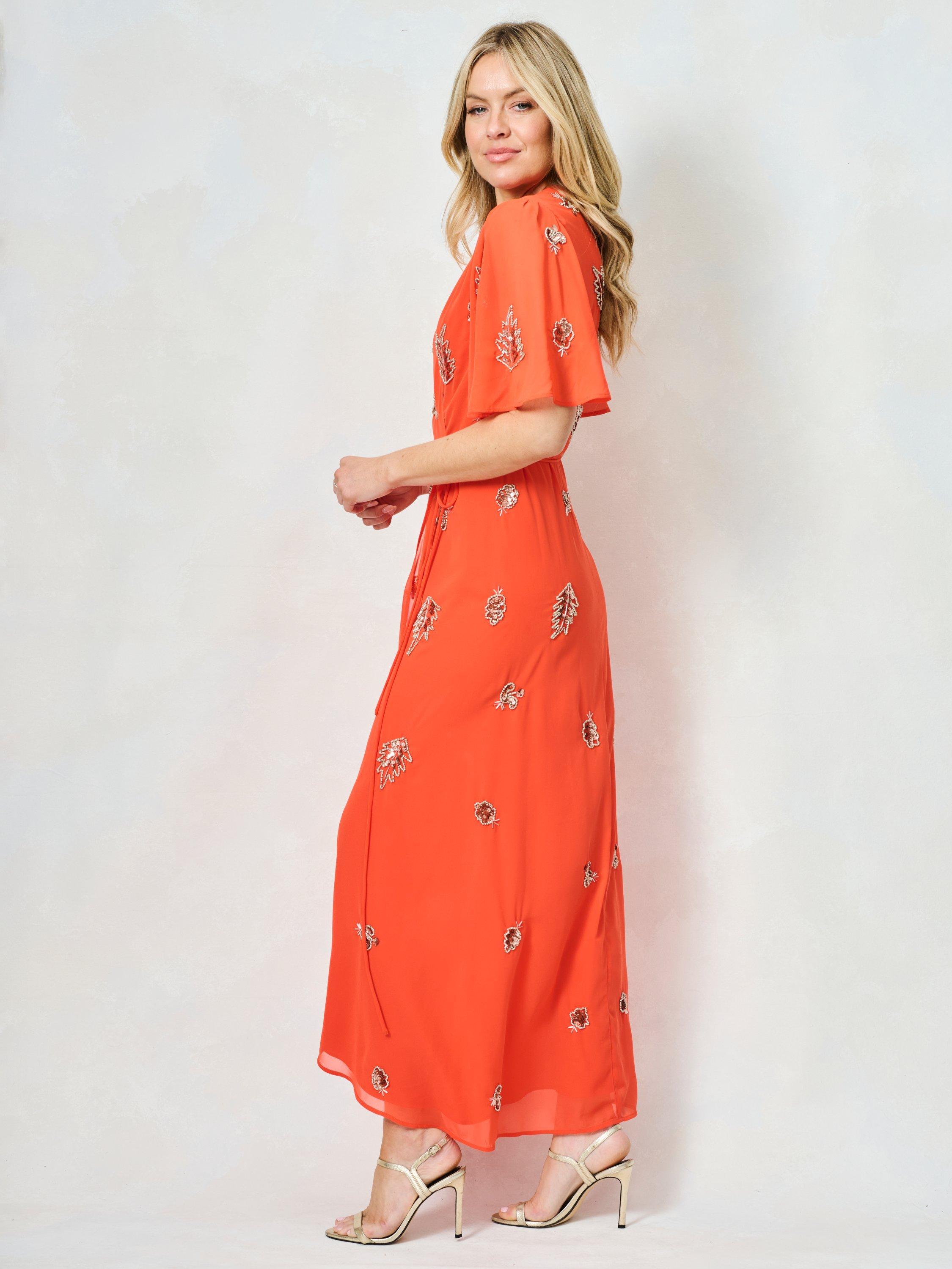 Product image 3 of 6, which shows Hope & Ivy The Alana Embellished Wrap Maxi Dress, Orange, 6