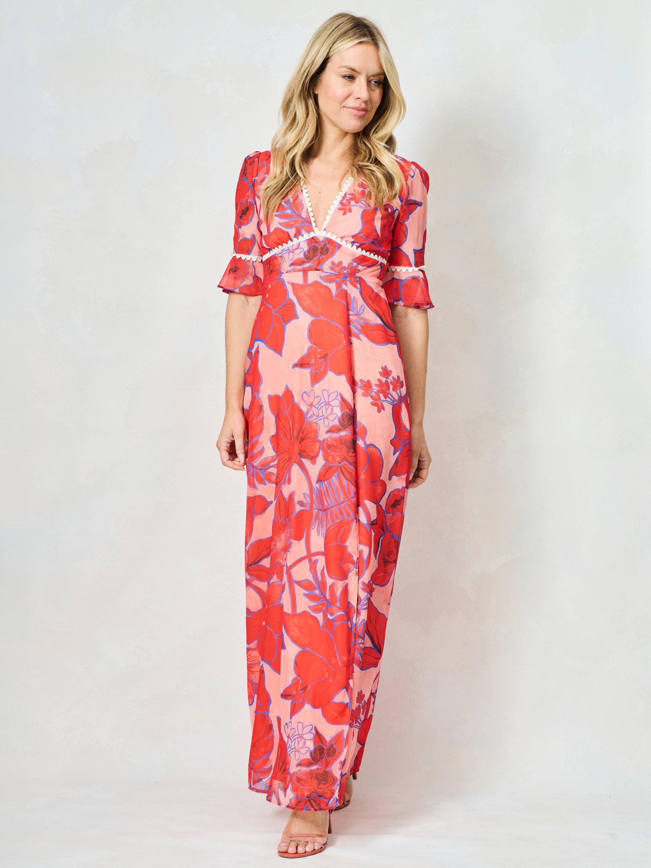 Product image 1 of 5, which shows Hope & Ivy The Amaya Floral Open Back Maxi Dress, Orange/Multi, 8
