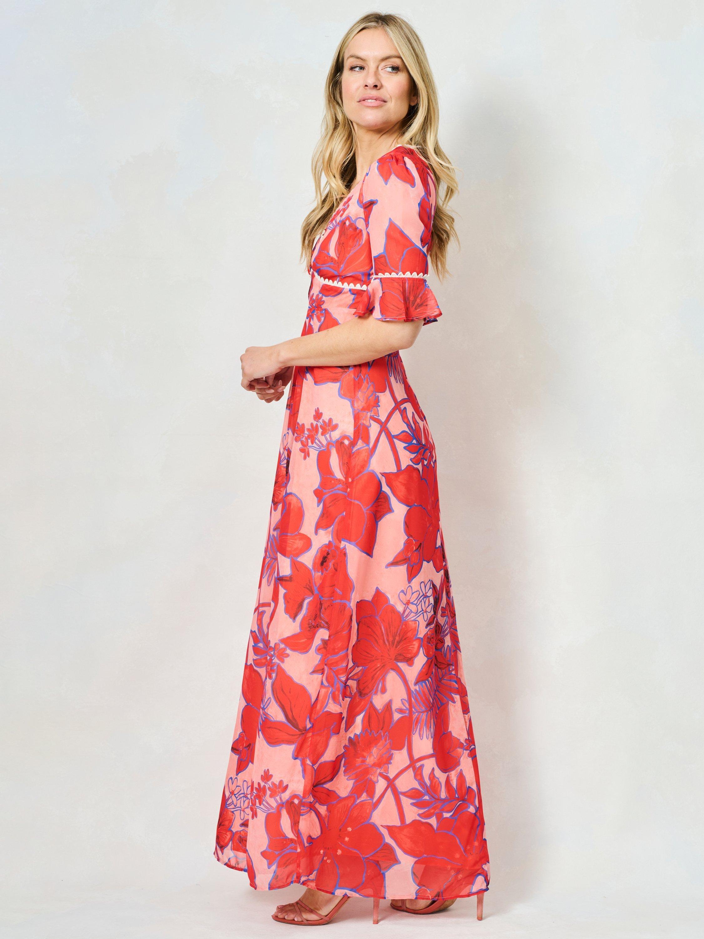 Product image 2 of 5, which shows Hope & Ivy The Amaya Floral Open Back Maxi Dress, Orange/Multi, 8