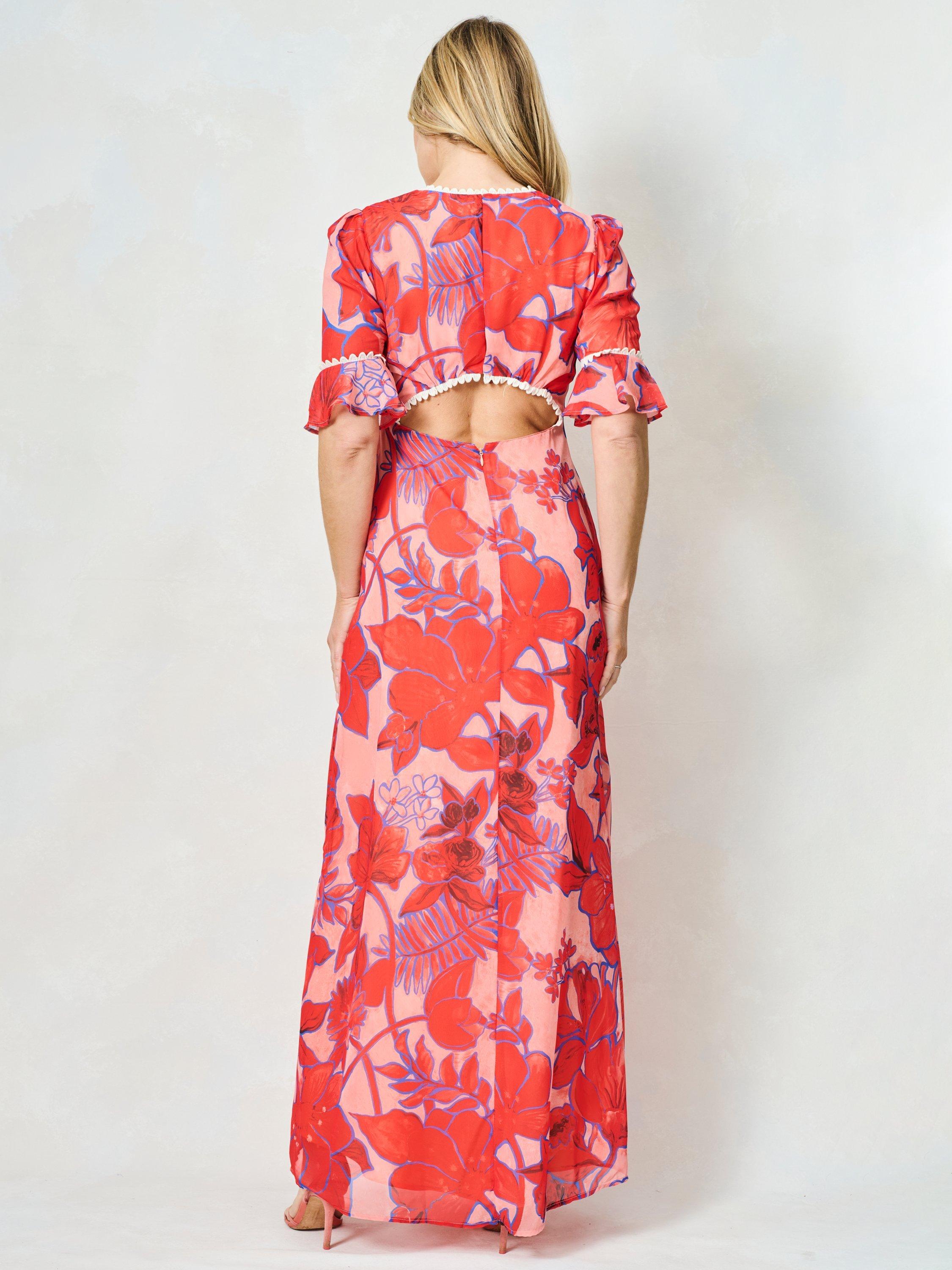 Product image 3 of 5, which shows Hope & Ivy The Amaya Floral Open Back Maxi Dress, Orange/Multi, 8