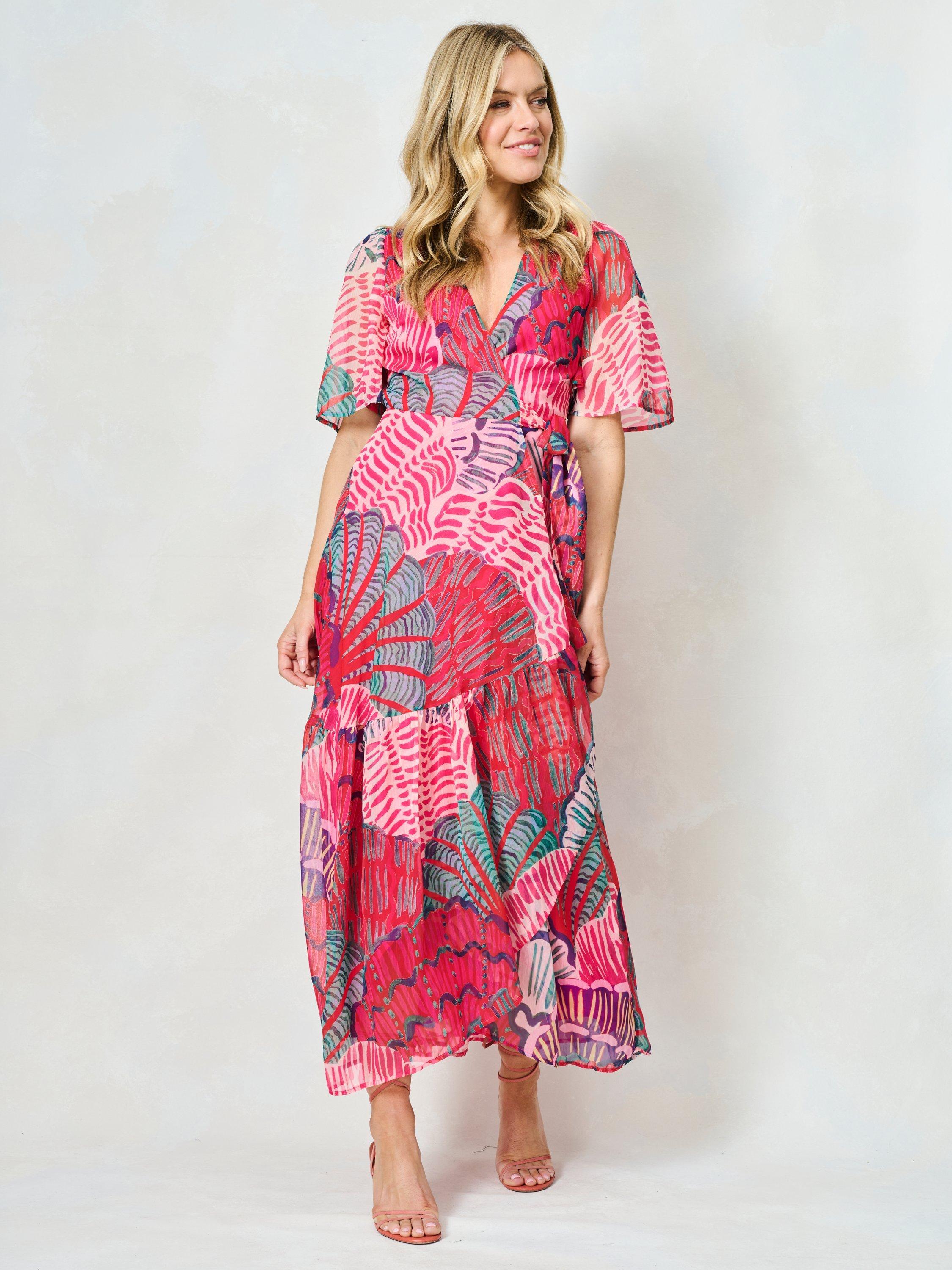 Product image 2 of 5, which shows Hope & Ivy The Cordelia Abstract Wrap Maxi Dress, Pink/Multi, 6