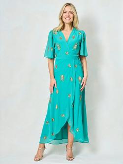Hope & Ivy The Emmeline Embellished Wrap Maxi Dress, Green, Green
