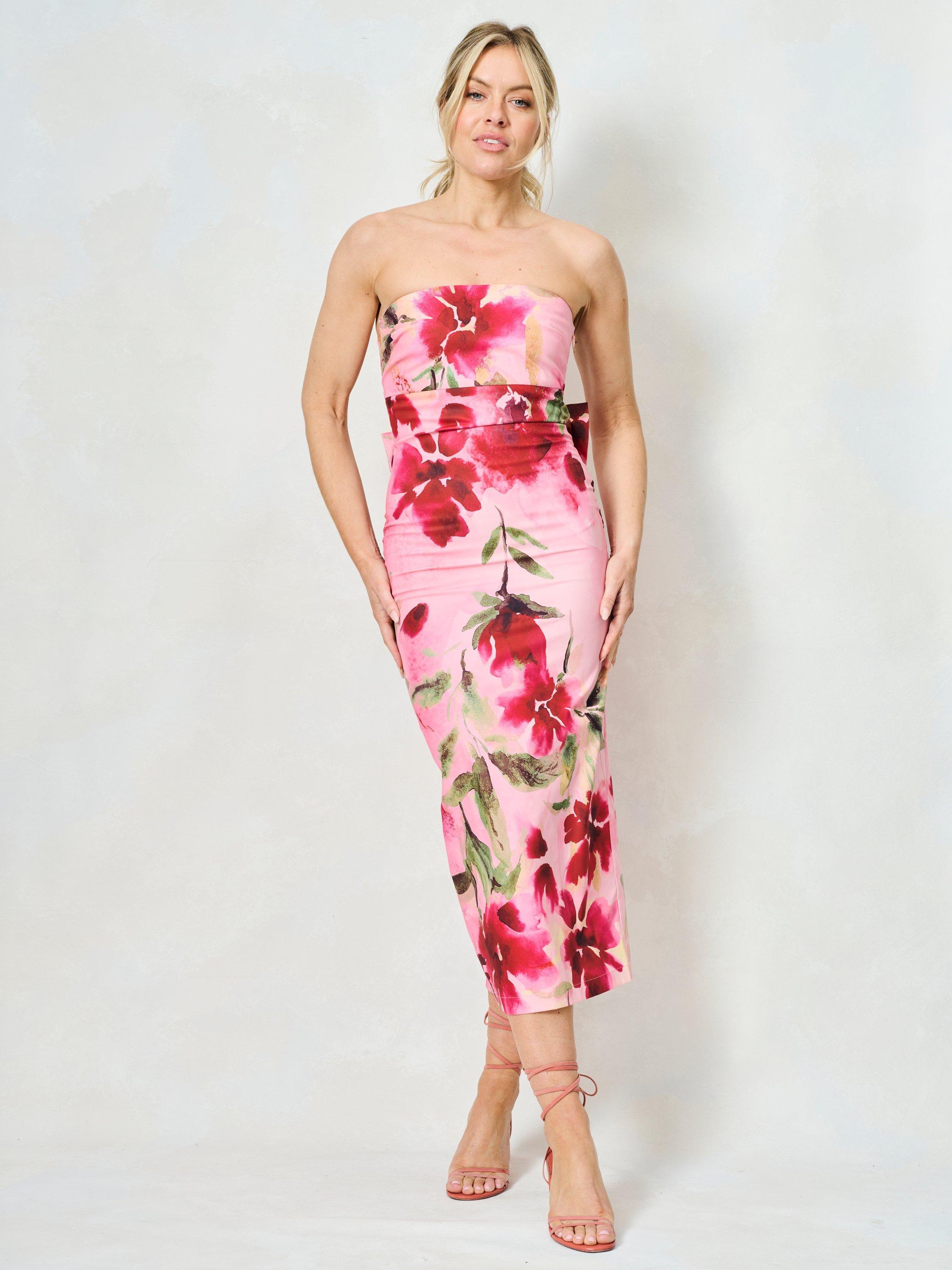 Product image 1 of 6, which shows Hope & Ivy The Faith Floral Bow Detail Strapless Dress, Pink/Multi, 6