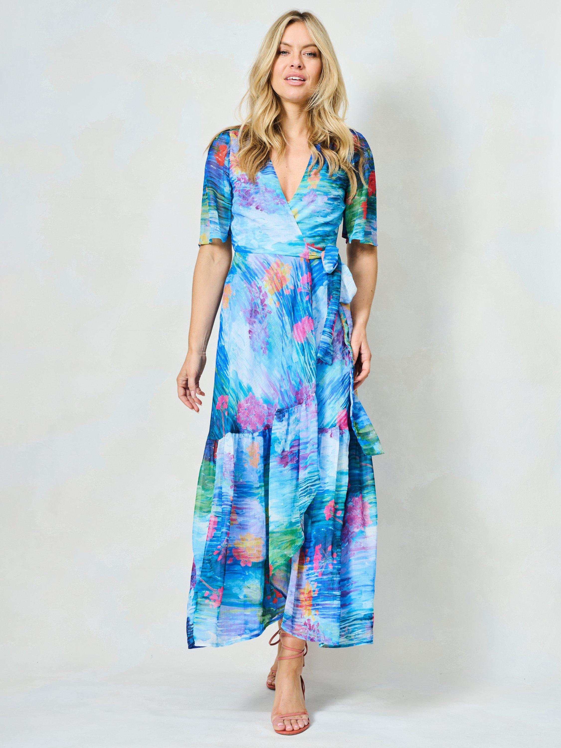 Product image 1 of 5, which shows Hope & Ivy The Felicia Abstract Wrap Maxi Dress, Blue/Multi, 8