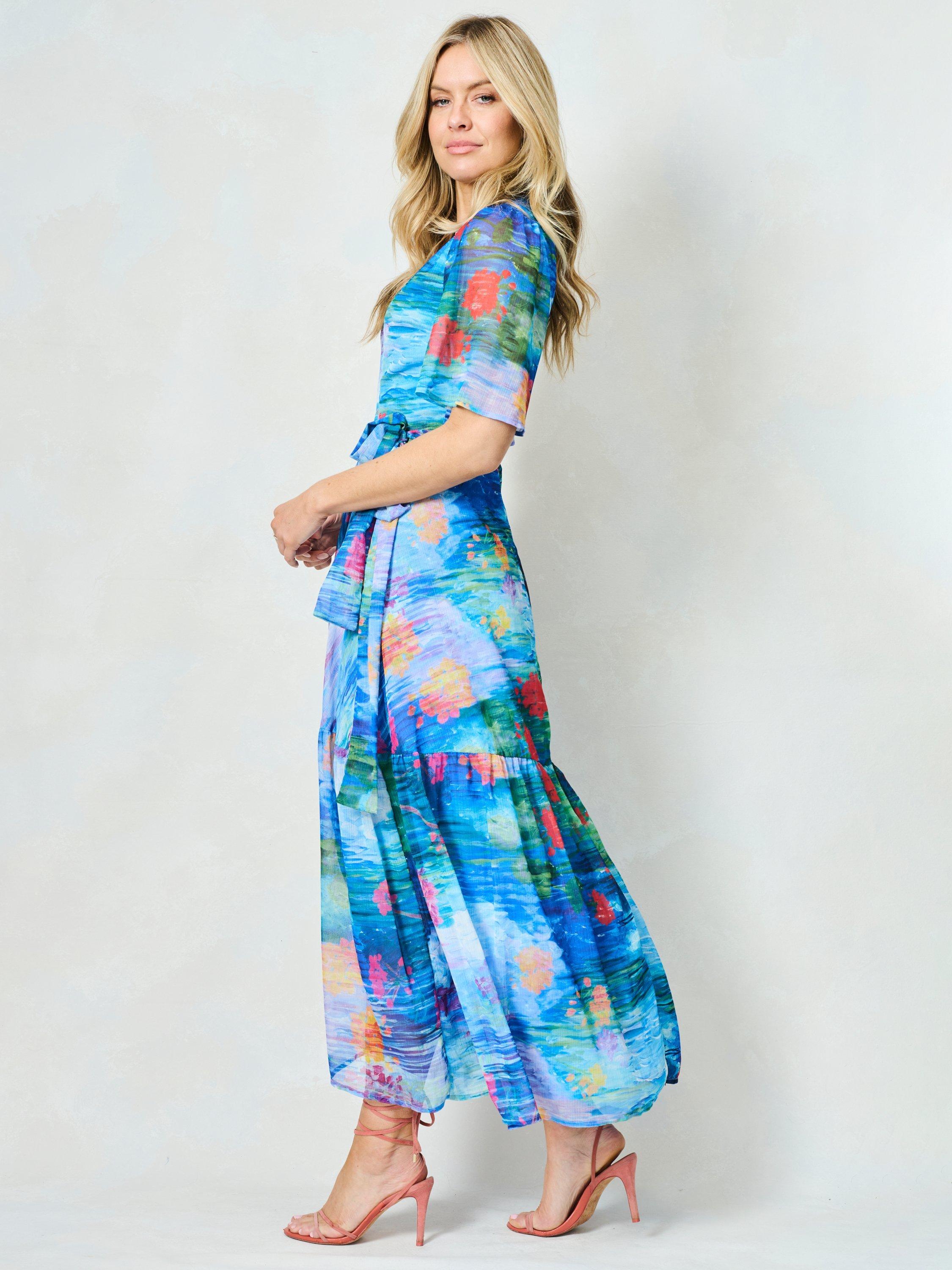 Product image 2 of 5, which shows Hope & Ivy The Felicia Abstract Wrap Maxi Dress, Blue/Multi, 8