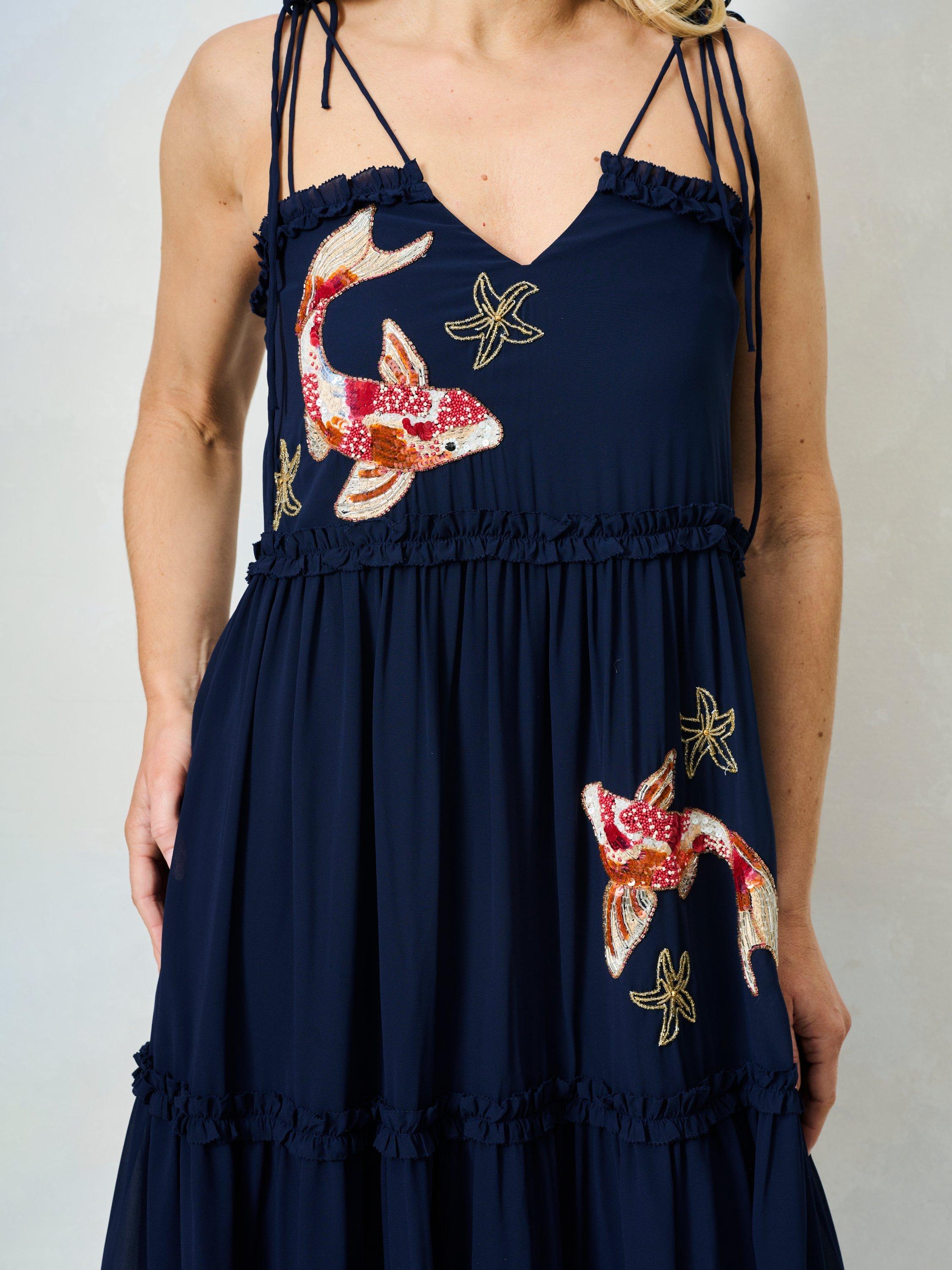 Product image 4 of 5, which shows Hope & Ivy The Inaya Embellished Sealife Midi Dress, Navy, 6