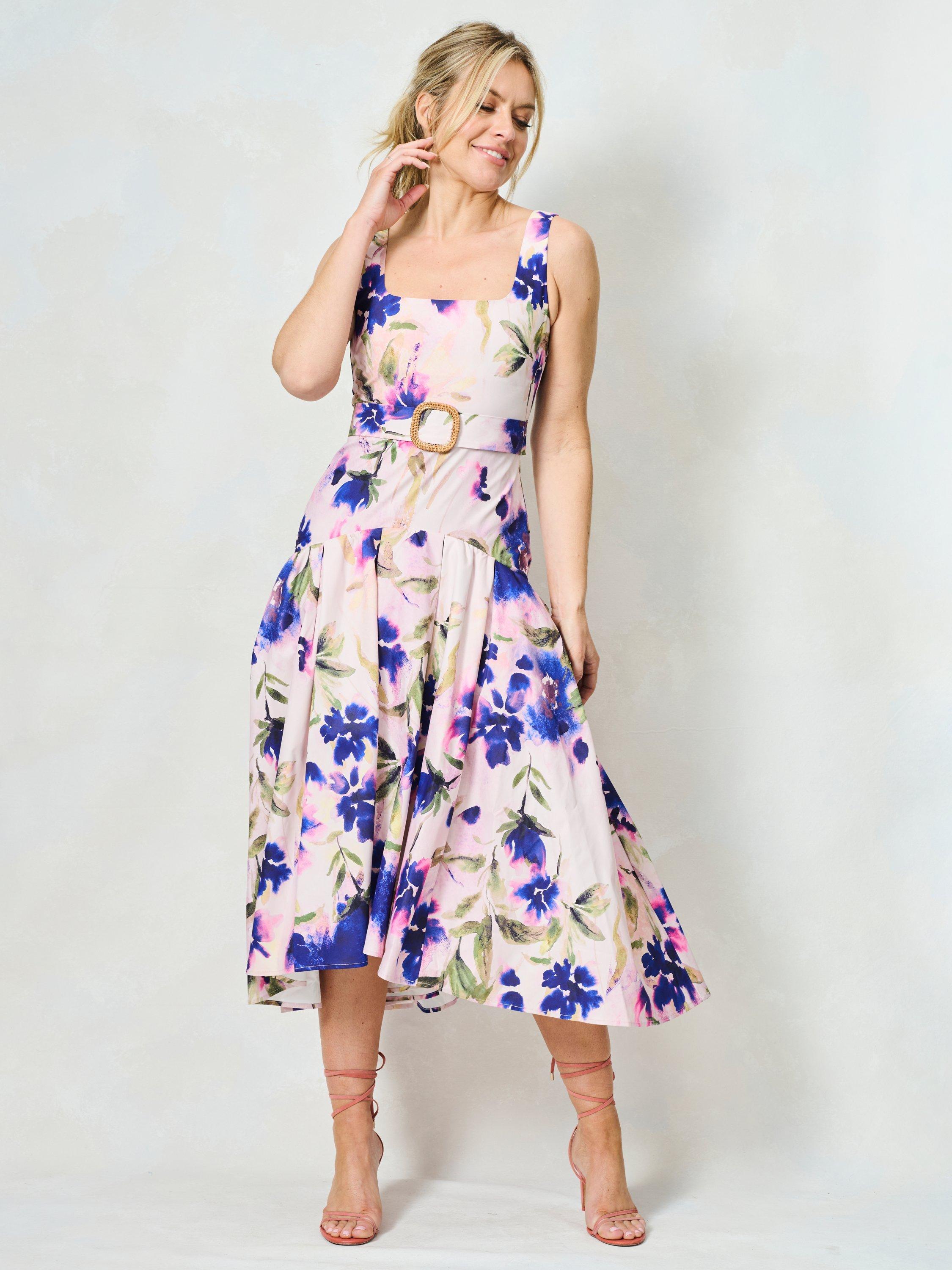 Product image 2 of 7, which shows Hope & Ivy The Lavina Floral Flared Midi Dress, Purple/Multi, 6