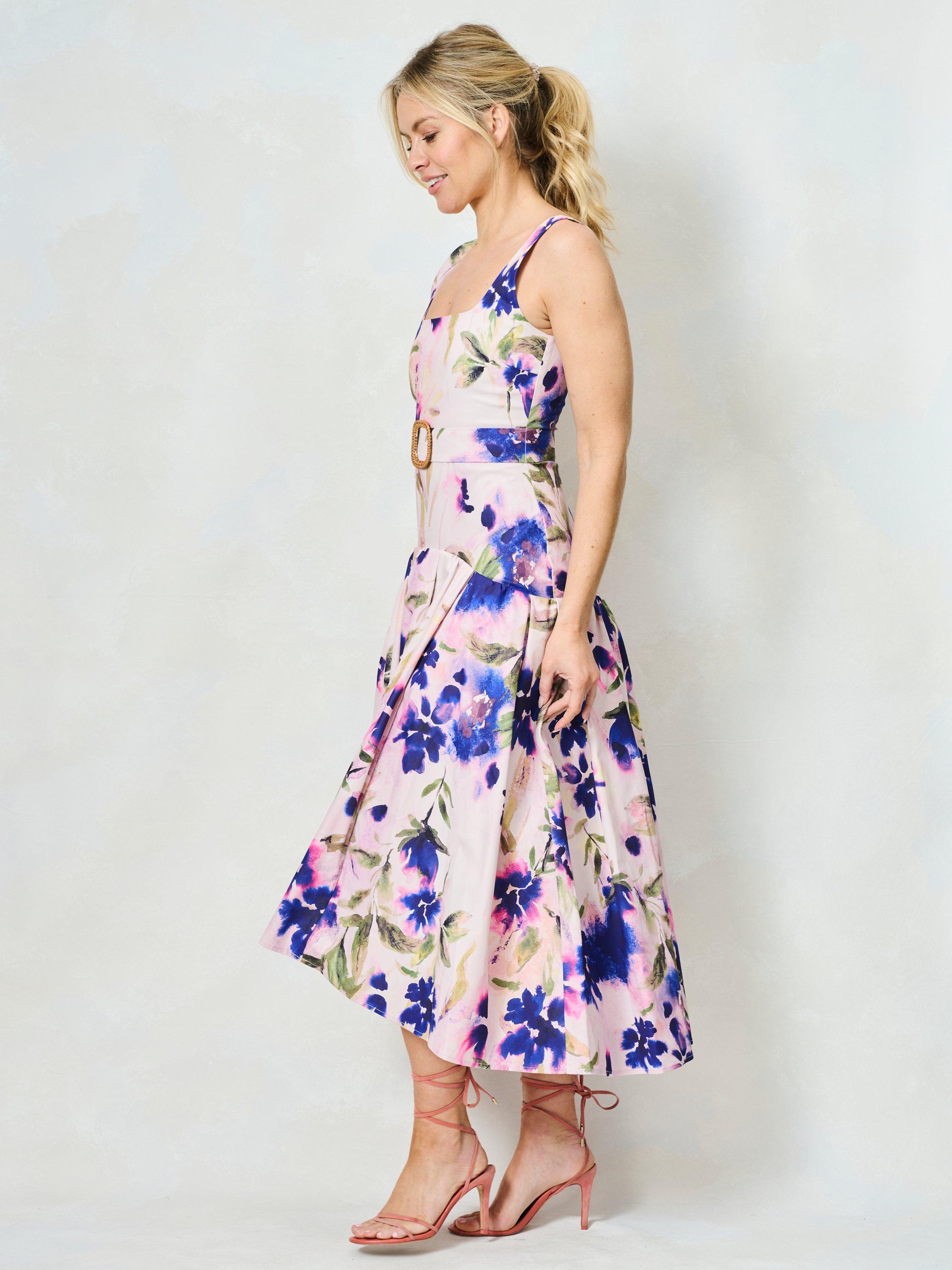Product image 3 of 7, which shows Hope & Ivy The Lavina Floral Flared Midi Dress, Purple/Multi, 6