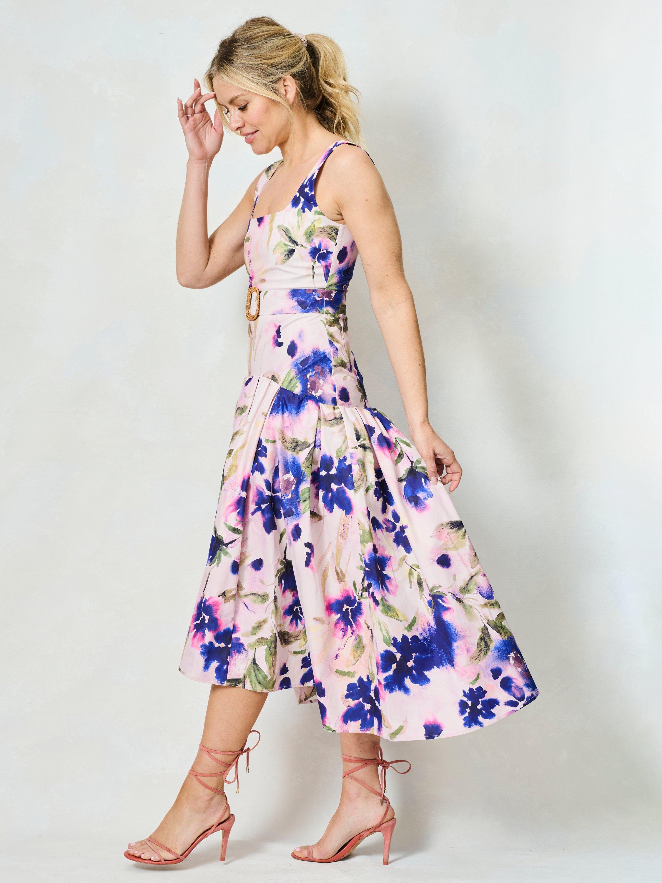 Product image 4 of 7, which shows Hope & Ivy The Lavina Floral Flared Midi Dress, Purple/Multi, 6