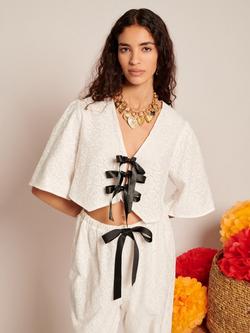 Sister Jane Short Sleeve Bow Detail Broderie Heart Cotton Top, White, White