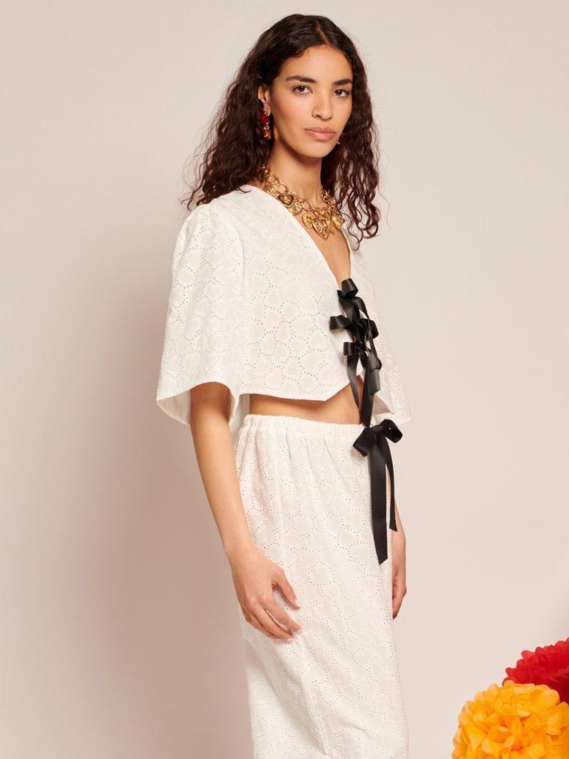 Product image 3 of 6, which shows Sister Jane Short Sleeve Bow Detail Broderie Heart Cotton Top, White, 6