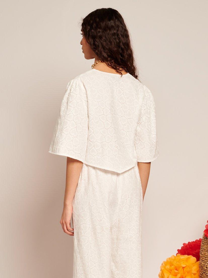 Product image 4 of 6, which shows Sister Jane Short Sleeve Bow Detail Broderie Heart Cotton Top, White, 6
