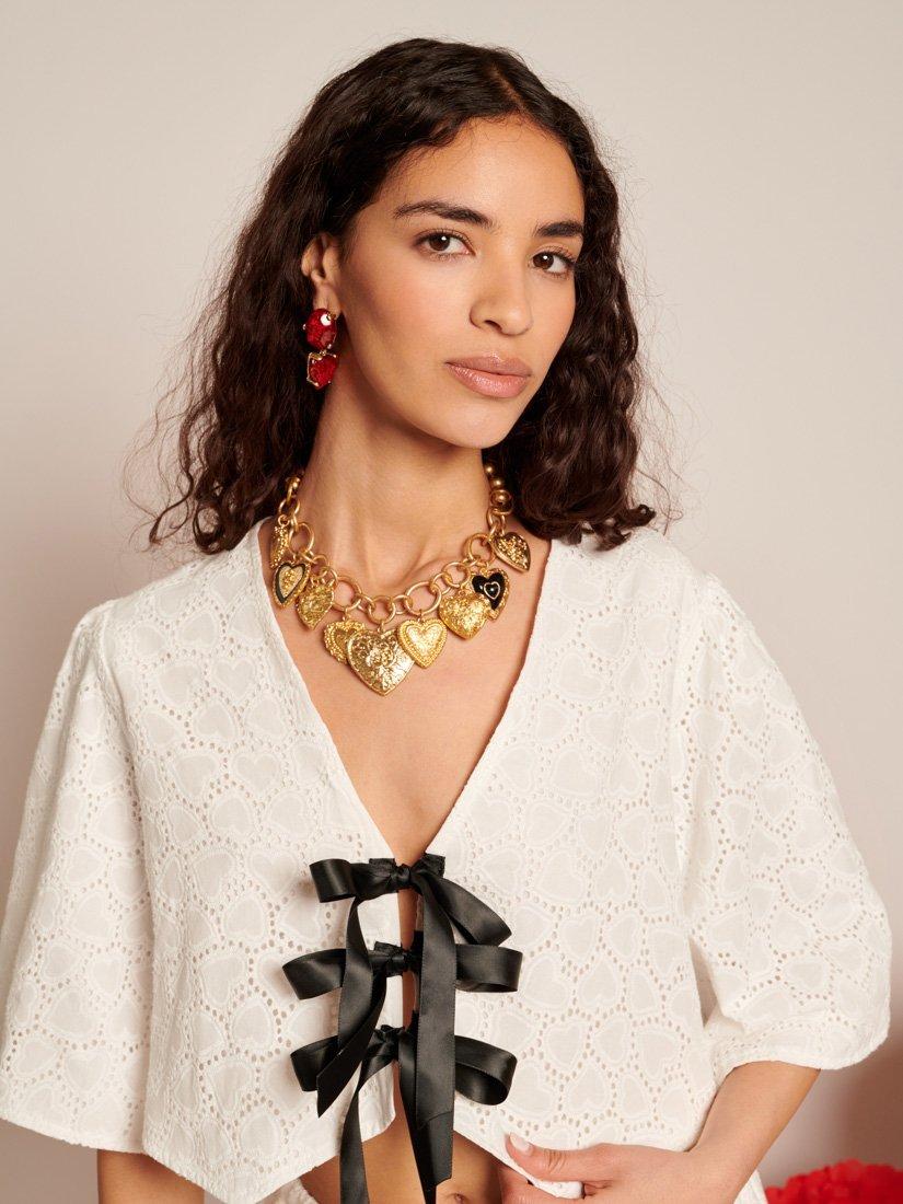 Product image 5 of 6, which shows Sister Jane Short Sleeve Bow Detail Broderie Heart Cotton Top, White, 6
