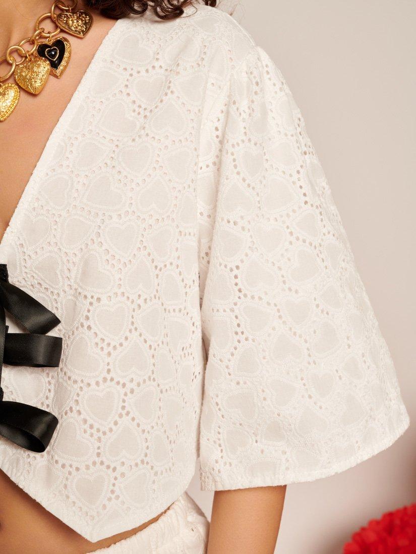 Product image 6 of 6, which shows Sister Jane Short Sleeve Bow Detail Broderie Heart Cotton Top, White, 6