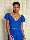 Sister Jane Ruched V-Neck Cotton Blend Top, Blue