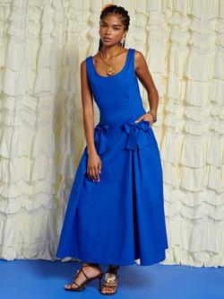 Sister Jane Sleeveless Bow Detail Cotton Blend Midi Dress, Blue, Blue