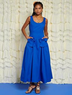 Sister Jane Sleeveless Bow Detail Cotton Blend Midi Dress, Blue - view 2, Blue