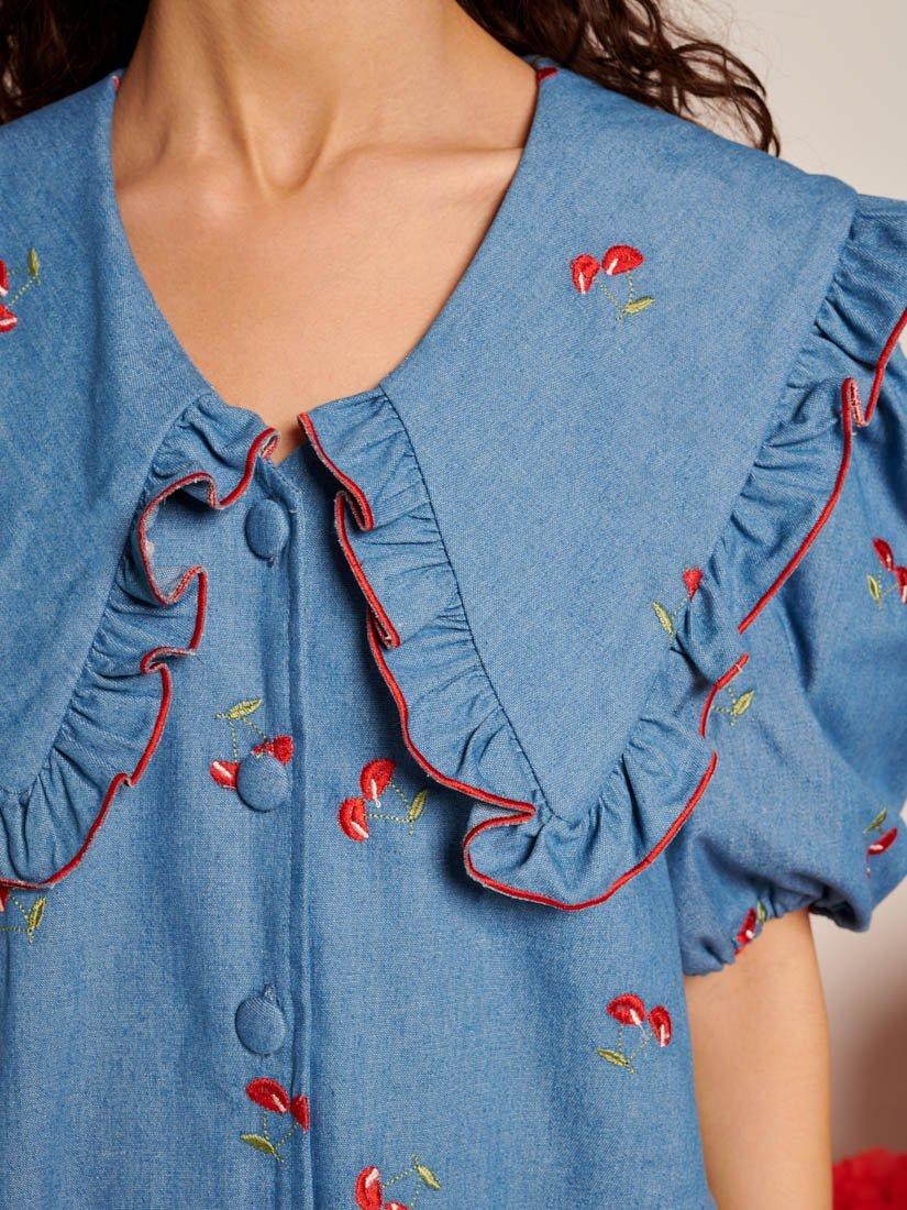 Product image 6 of 6, which shows Sister Jane Lola Cherries Denim Mini Dress, Blue, 6