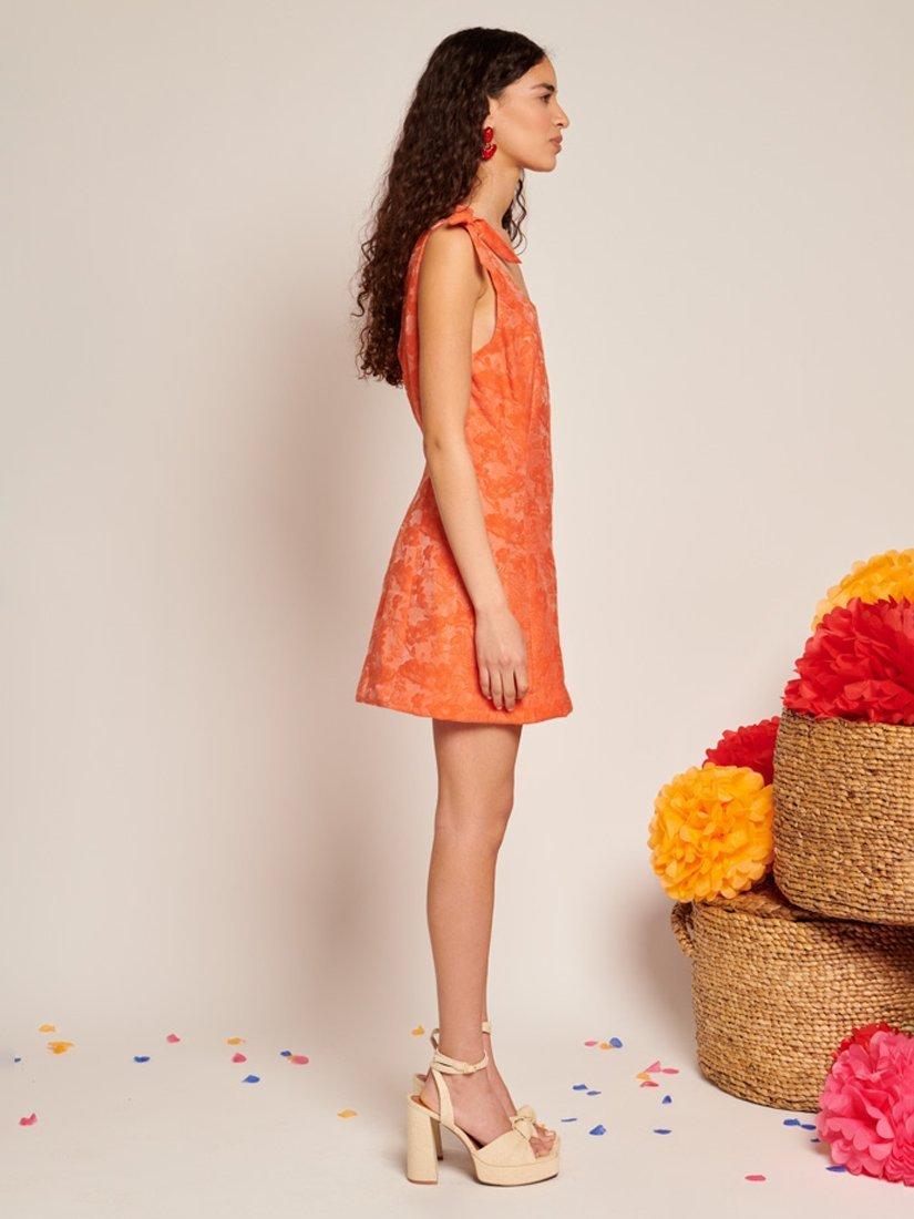 Product image 3 of 6, which shows Sister Jane Floral Jacquard Bow Shoulder Mini Dress, Orange, 6