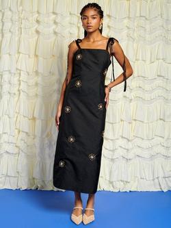 Sister Jane Jacquard Flower Trim Midi Dress, Black, Black