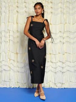 Sister Jane Jacquard Flower Trim Midi Dress, Black - view 2, Black