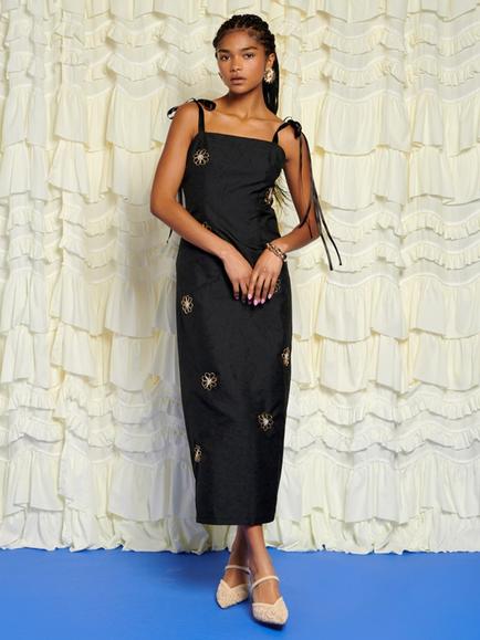 Sister Jane Jacquard Flower Trim Midi Dress, Black - view 2, Black