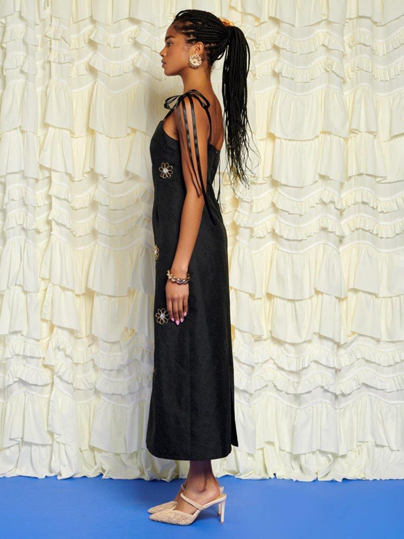 Product image 3 of 6, which shows Sister Jane Jacquard Flower Trim Midi Dress, Black, 6