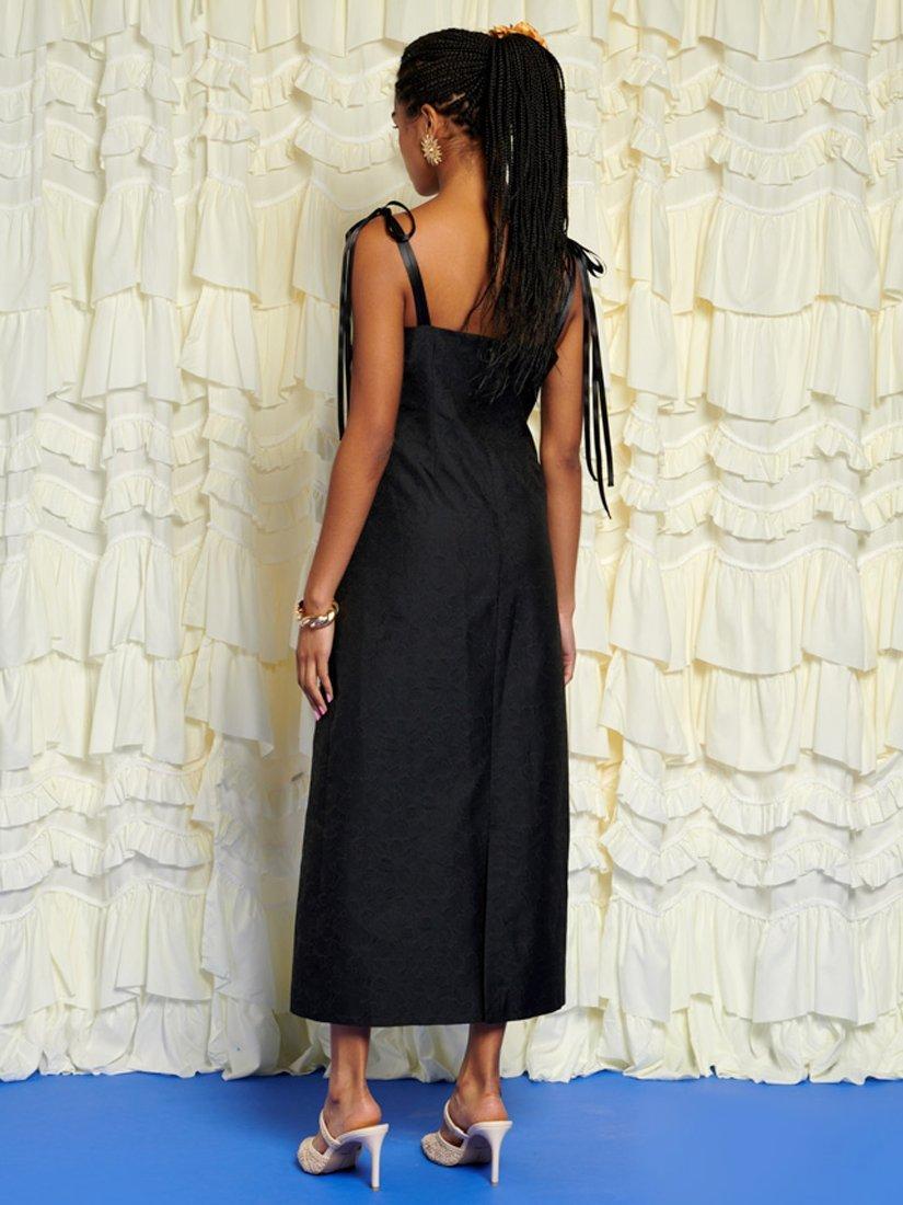 Product image 4 of 6, which shows Sister Jane Jacquard Flower Trim Midi Dress, Black, 6