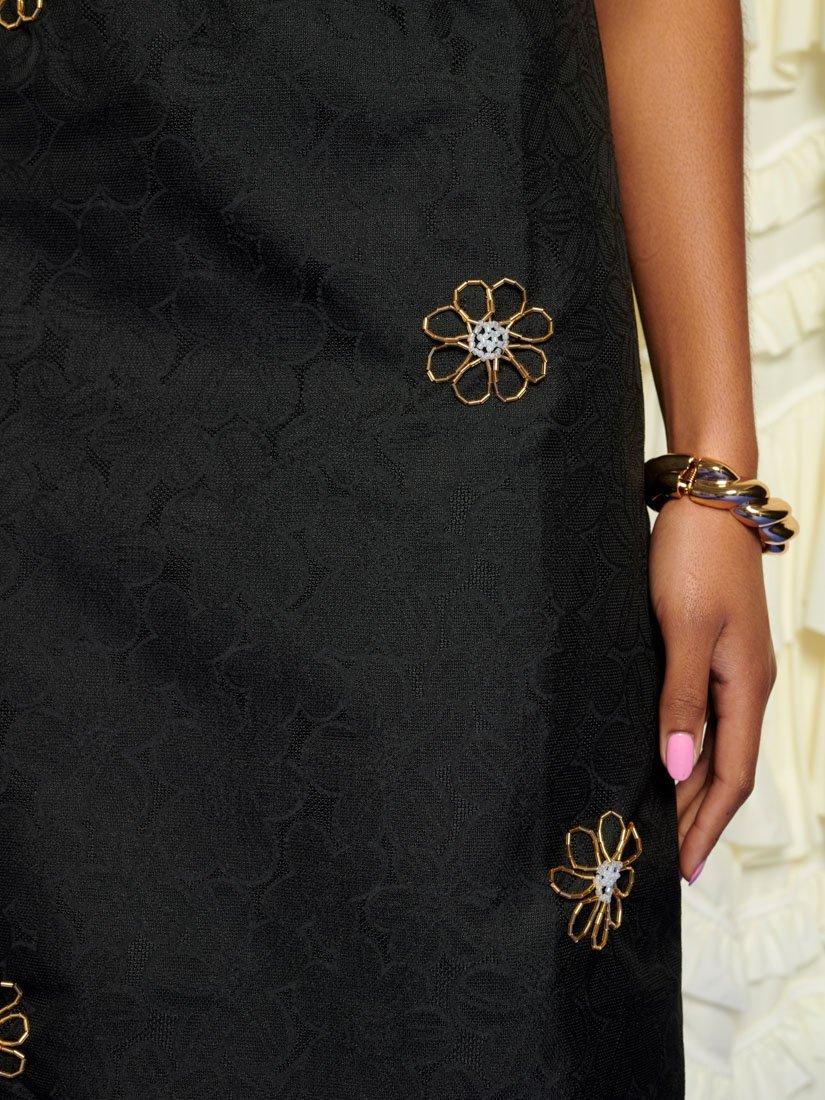Product image 6 of 6, which shows Sister Jane Jacquard Flower Trim Midi Dress, Black, 6