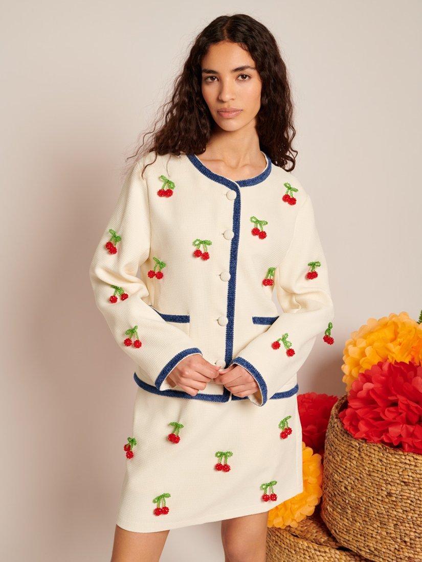 Product image 1 of 6, which shows Sister Jane Espera Beaded Cherries Tweed Jacket, Ivory, 6