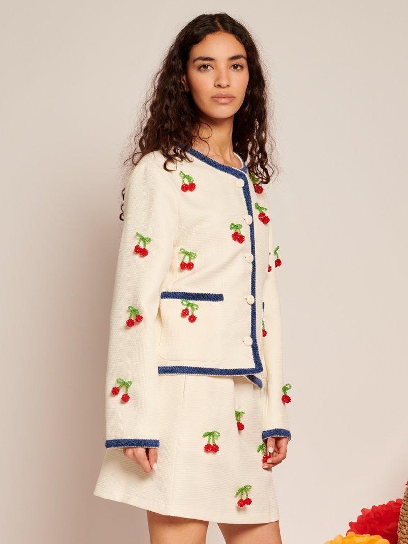 Product image 3 of 6, which shows Sister Jane Espera Beaded Cherries Tweed Jacket, Ivory, 6