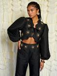 Sister Jane Jacquard Flower Trim Crop Jacket, Black