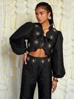 Sister Jane Jacquard Flower Trim Crop Jacket, Black, Black