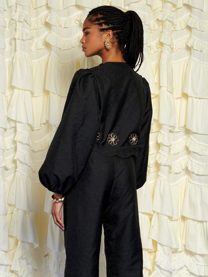 Product image 4 of 6, which shows Sister Jane Jacquard Flower Trim Crop Jacket, Black, 6