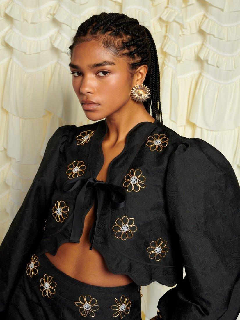 Product image 5 of 6, which shows Sister Jane Jacquard Flower Trim Crop Jacket, Black, 6