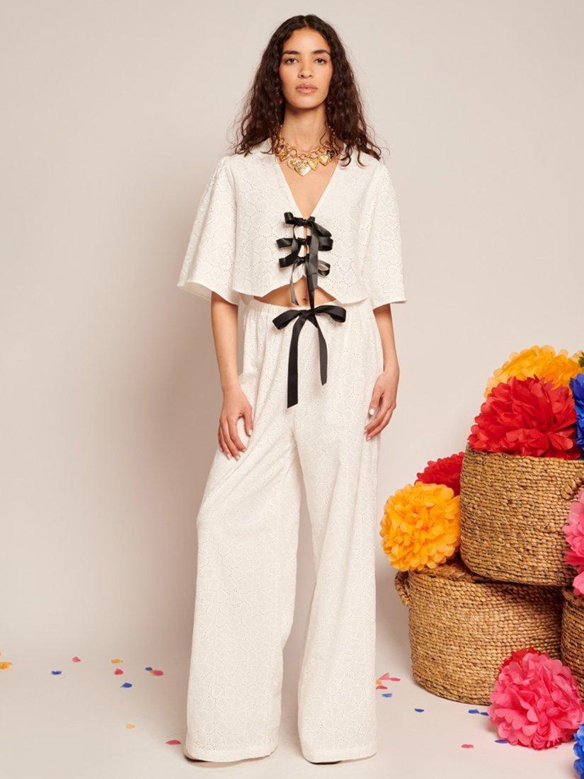 Product image 2 of 6, which shows Sister Jane Wide Leg Broderie Heart Cotton Trousers, White, 6