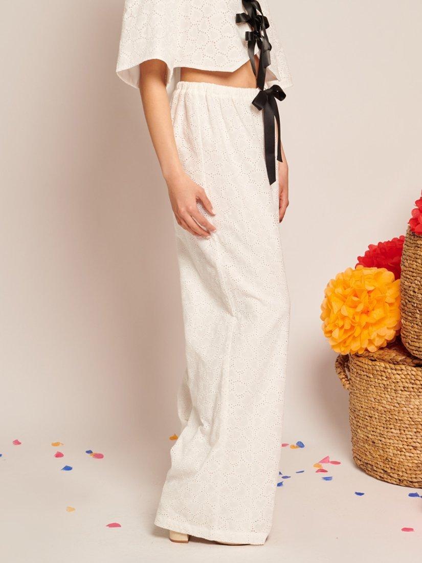Product image 3 of 6, which shows Sister Jane Wide Leg Broderie Heart Cotton Trousers, White, 6