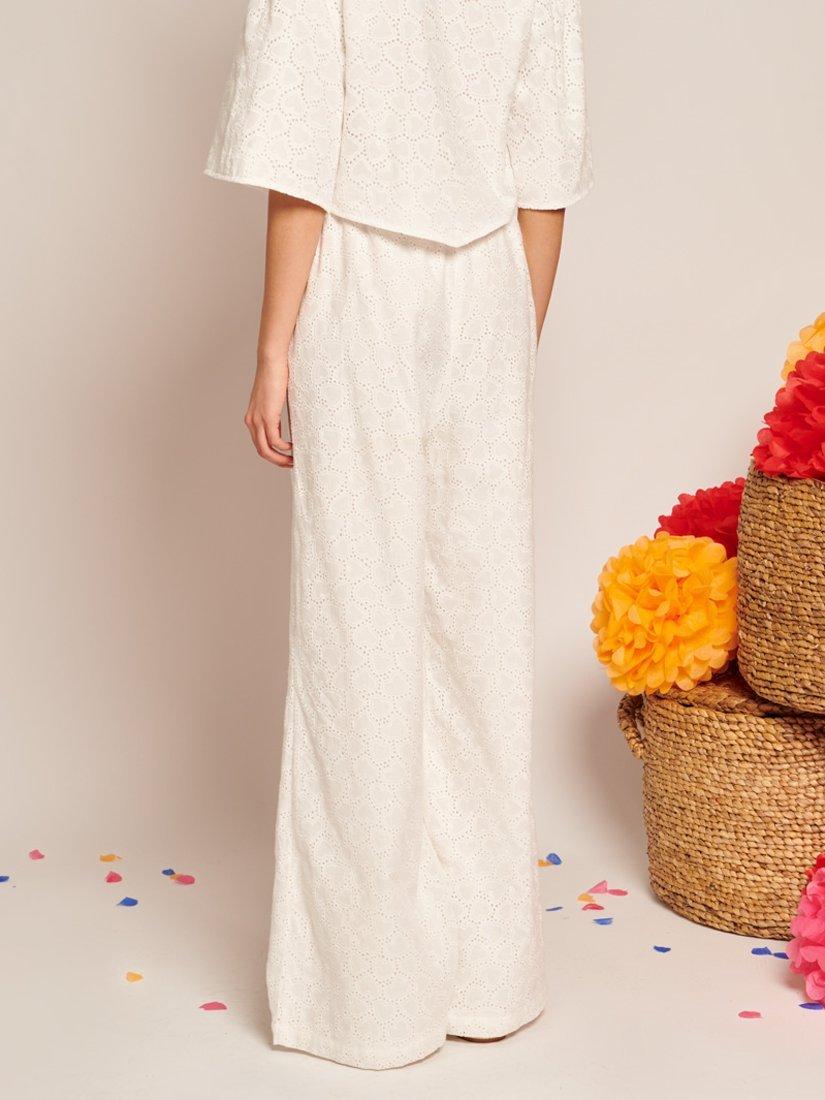 Product image 4 of 6, which shows Sister Jane Wide Leg Broderie Heart Cotton Trousers, White, 6