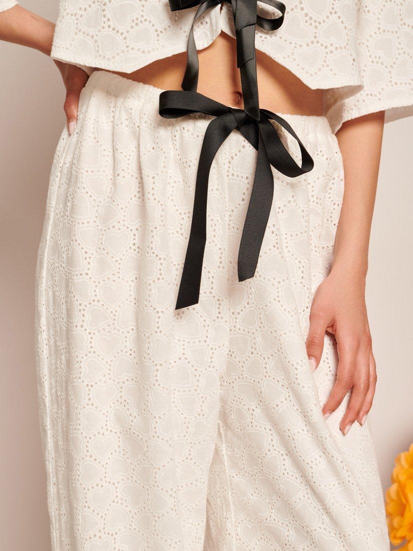 Product image 5 of 6, which shows Sister Jane Wide Leg Broderie Heart Cotton Trousers, White, 6
