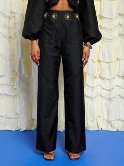 Sister Jane Jacquard Flower Trim Trousers, Black, Black
