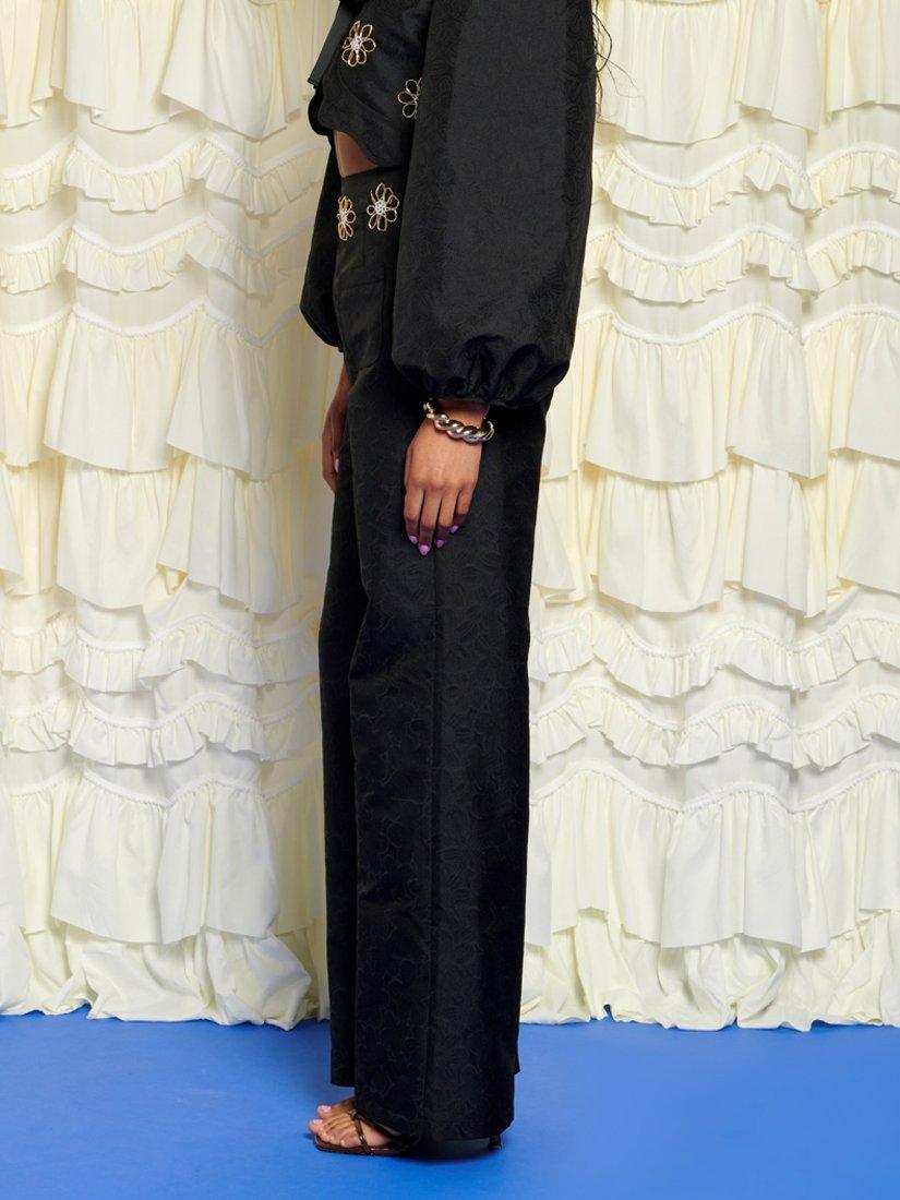 Product image 3 of 6, which shows Sister Jane Jacquard Flower Trim Trousers, Black, 6